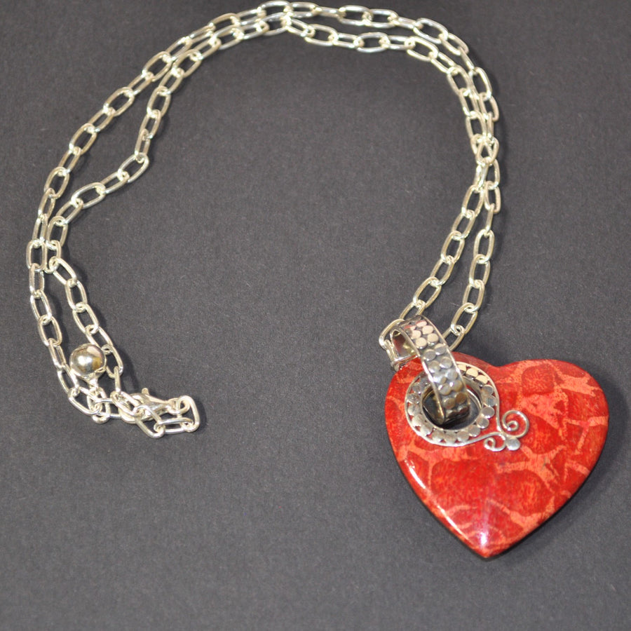 Red Sponge Coral Heart Pendant & Sterling Silver Chain Necklace
