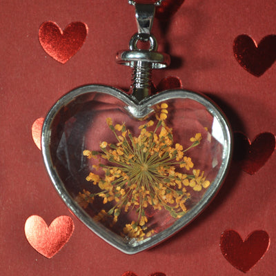 Silver Heart Pendant With Dried Flower Inside and Necklace