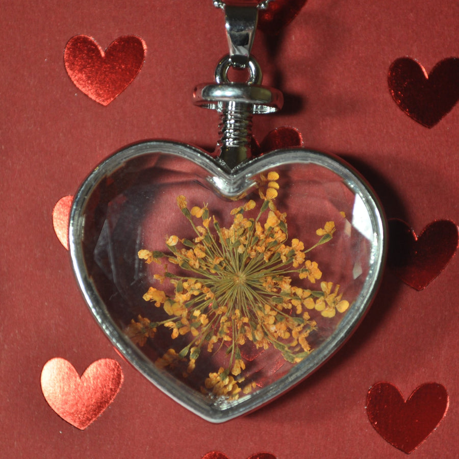 Silver Heart Pendant With Dried Flower Inside and Necklace