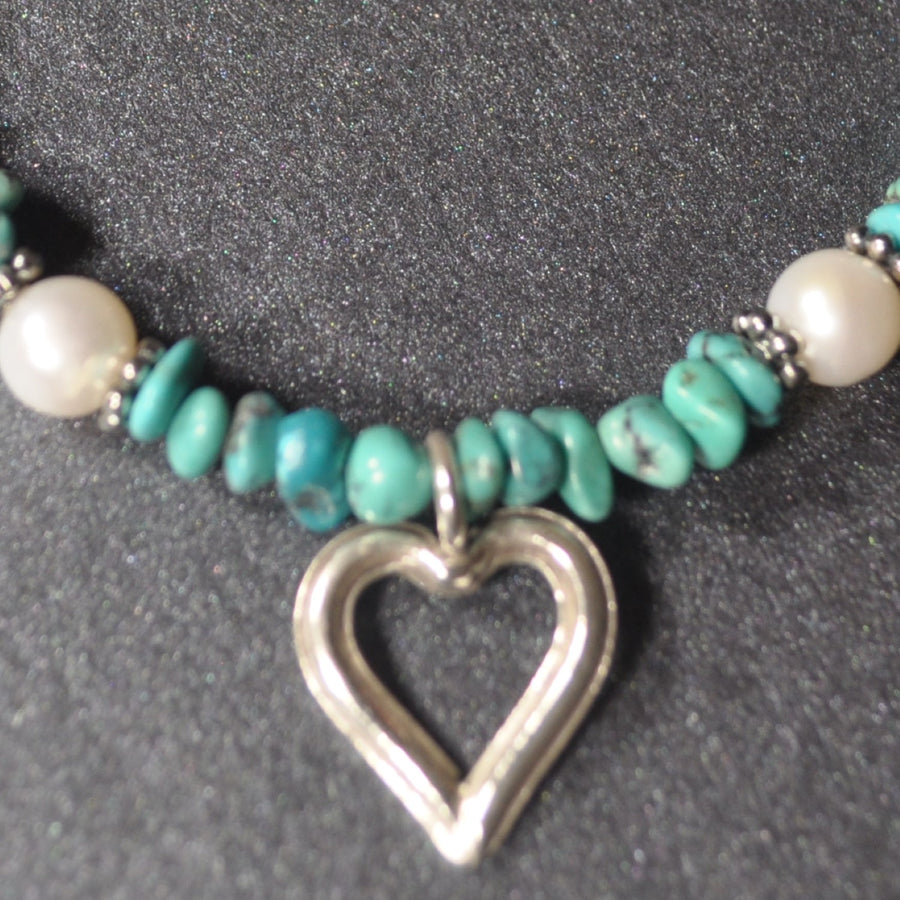 Turquoise Bead and Pearl Bracelet with Silver Heart Charm