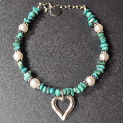 Turquoise Bead and Pearl Bracelet with Silver Heart Charm
